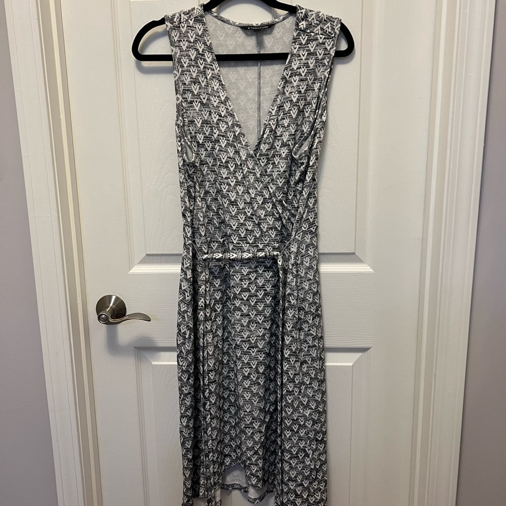 Comfortable soft grey pattern faux wrap dress
